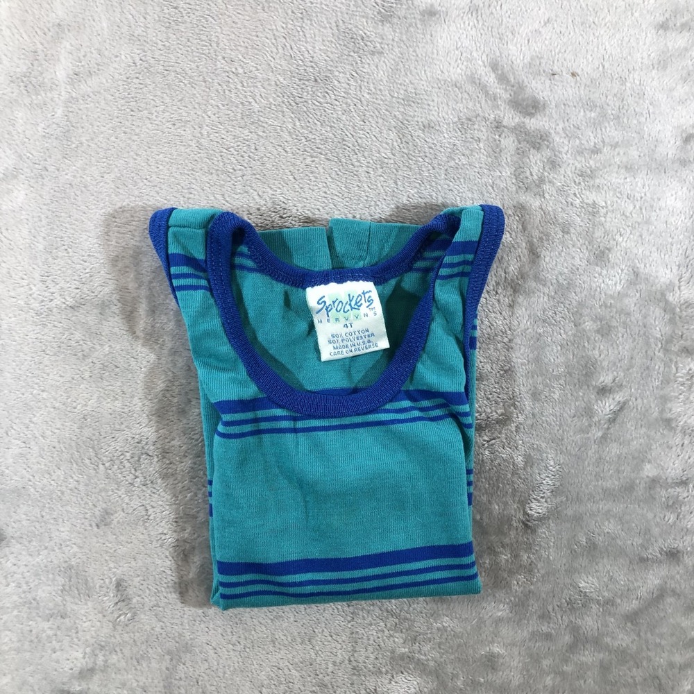 Vintage Sprockets Tank Top Boys 4T Green Blue Stripe Made USA Single Stitch - Picture 10 of 11